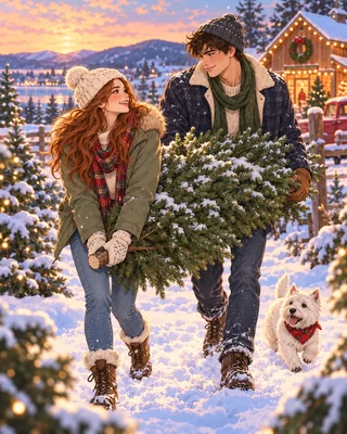 Illustration d’ambiance inspirée de La Ferme des sapins de Noël