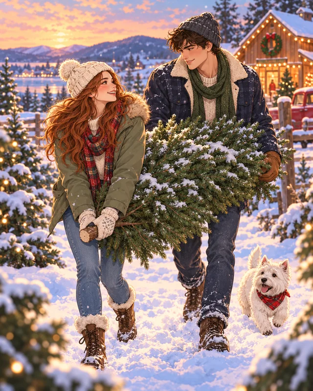 Illustration d’ambiance inspirée de La Ferme des sapins de Noël