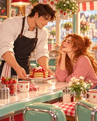 Illustration d’ambiance inspirée de La maison des pancakes aux fraises