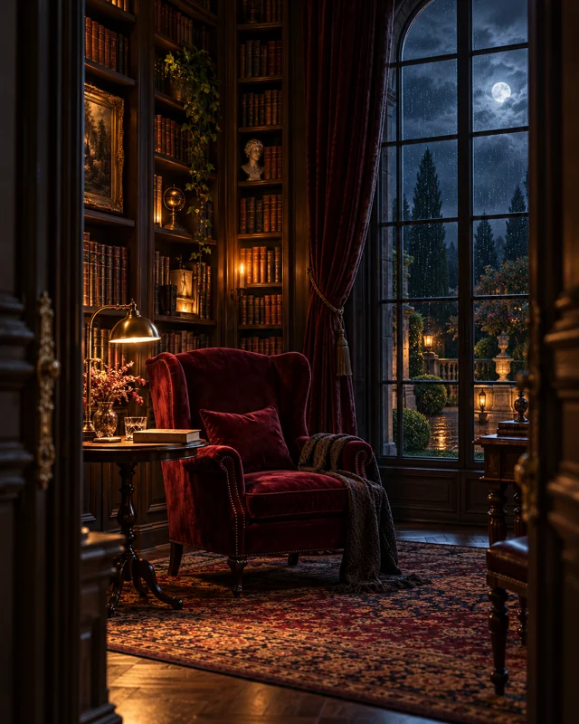 Bibliothèque de manoir éclairée à la bougie, fauteuil bordeaux et fenêtre sur un jardin nocturne